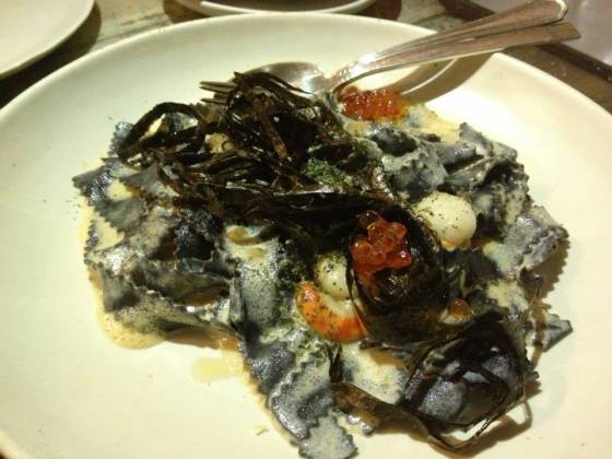 Delicious squid ink fettuccine with lemon cream, salmon roe and scallions. Super good!
