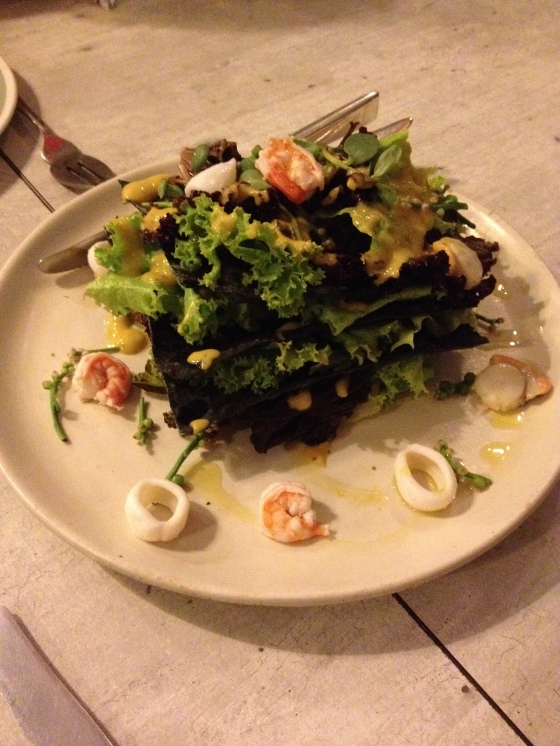 Seafood 3-page salad and squid ink carta di musica with mango mustard dressing (P350)